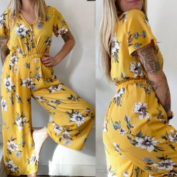 Sienna Sky Pants - Sienna Sky Jumpsuit Womens L Mustard Floral Wide Leg Elastic Waist Pockets Boho
